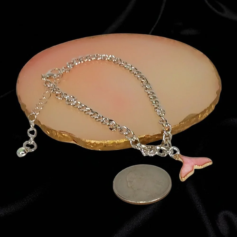 White Gold Ankle Bracelet with Pink Mermaid Tail Preppy Oceancore Seaside Beachy